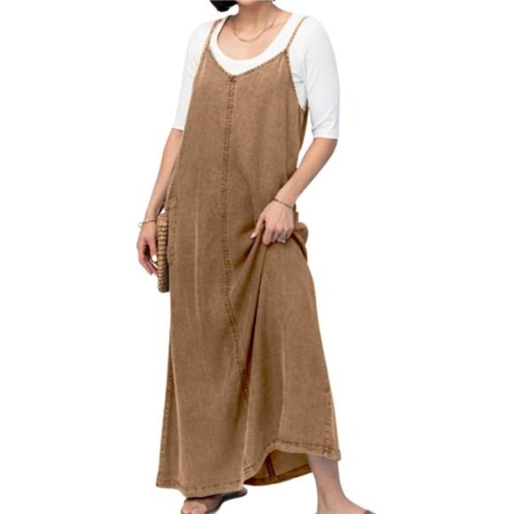 Women's Summer Spaghetti Strap Denim Dress Brown - Picture 1 of 3
